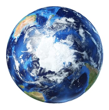 Earth globe 3d illustration. South Pole view. Very detailed and photo realistic. With clouds on white background. (Original maps provided by NASA.)