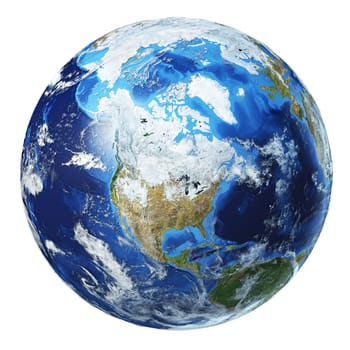 Earth globe 3d illustration. North America view. Very detailed and photo realistic. With clouds on white background. (Original maps provided by NASA.)