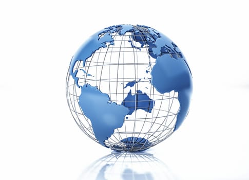 Earth globe stylized with metal grid. Atlantic Ocean view. On white background with some reflection on the surface.