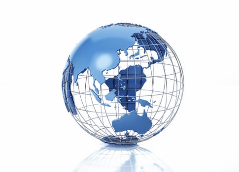 Earth globe stylized with metal grid. Oceania view. On white background with some reflection on the surface.