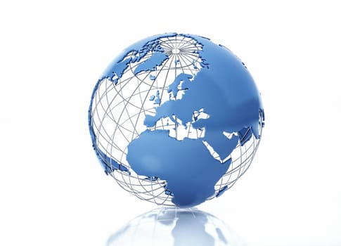 Earth globe stylized with metal grid. Europe view. On white background with some reflection on the surface.