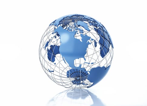Earth globe stylized with metal grid. North America view. On white background with some reflection on the surface.