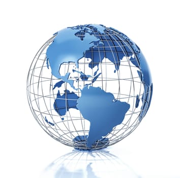 Earth globe stylized with metal grid. Americas view. On white background with some reflection on the surface.