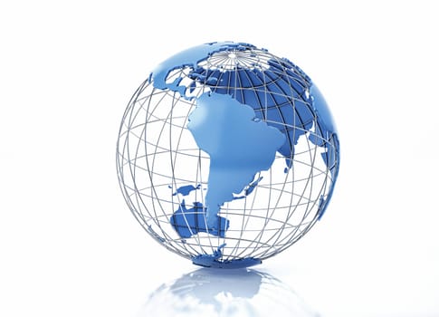 Earth globe stylized with metal grid. South America view. On white background with some reflection on the surface.