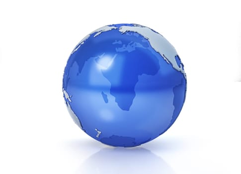 Earth globe stylized. Grey continents in relief. With transparent seas to reveal continents on the other side. On white background. Pacific view.