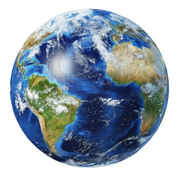Earth globe 3d illustration. Atlantic Ocean view. Very detailed and photo realistic. With clouds on white background. (Original maps provided by NASA.)