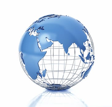 Earth globe stylized with metal grid. Asia view. On white background with some reflection on the surface.