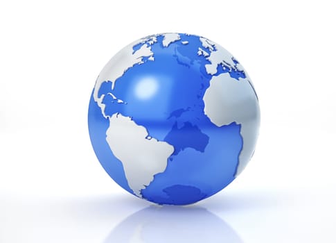 Earth globe stylized. Grey continents in relief. With transparent seas to reveal continents on the other side. On white background. Atlantic view.