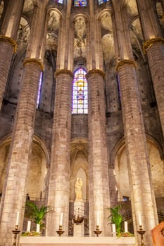 Barcelona, Spain - Dec 29th 2019: Altar of Gothic Basilica of Santa Maria del Mar, Barcelona, Spain. Indoors