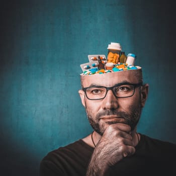 Portrait of man with glasses and hand on chin. Thoughtful look. Abstract image, head full of medicines. Concept linked to the ethical and excessive use of medicines.