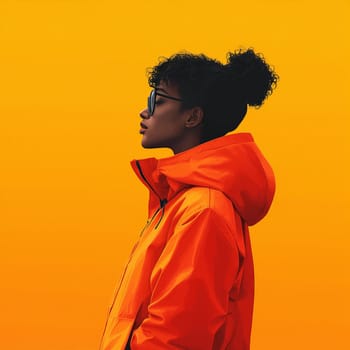 Digital illustration of a young woman with curly hair in a bun, wearing sunglasses and an orange hooded jacket against a vibrant yellow background.