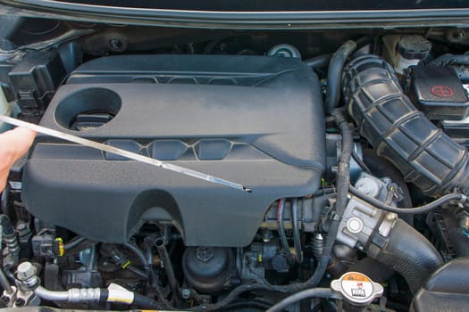 The engine and all the other parts of the car under the hood. Diesel engine from a famous car manufacturer.
