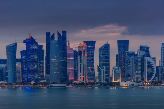 architecture of Doha at night. Doha, Ad-Dawhah, Qatar.