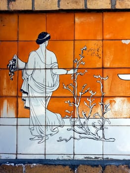 PYATIGORSK, RUSSIA - APRIL 15,2012:Majolica panel depicting bathing scenes in the ancient Roman baths on the Pirogovskie (Tilicheevsky) baths in Pyatigorsk, Northern Caucasus,Russia (architector Kuznecov, 1914)