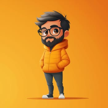 Digital illustration of a stylized cartoon man with glasses, a beard, and a yellow puffer jacket, standing confidently against an orange background.