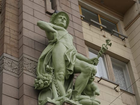 Hermes Mercury god of commerce, merchants and travelers bronze sculpture, low angle view
