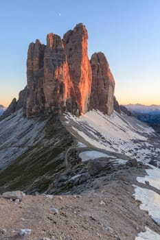 Tre cime di Lavaredo at sunset, Dolomite Alps, Italy