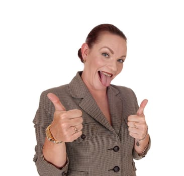 An happy businesswoman standing in a brown jacket gesturing thump.up and approving, isolated for white background.