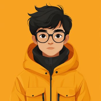 Digital illustration of a young man with black hair, glasses, and a yellow hooded jacket with a black inner layer, set against a matching yellow background.