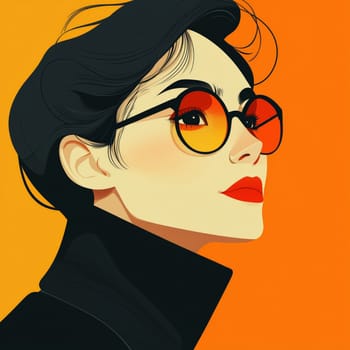 A digital illustration of a fashionable woman wearing gradient orange sunglasses, bold red lipstick, and a black high-collar coat against a warm orange background.