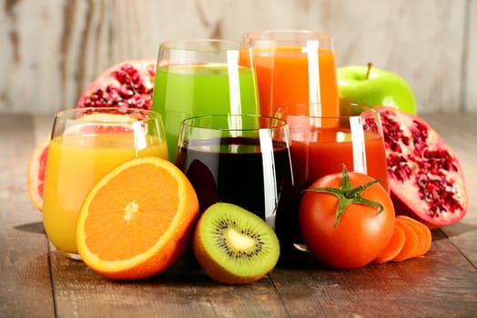 Glasses of fresh organic vegetable and fruit juices. Detox diet.