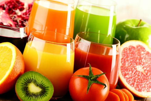 Glasses of fresh organic vegetable and fruit juices. Detox diet.