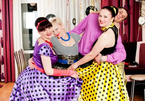 group happy smiling people in retro style