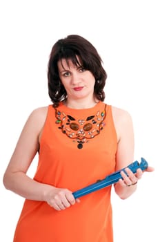 nice woman with wrench isolated on white background