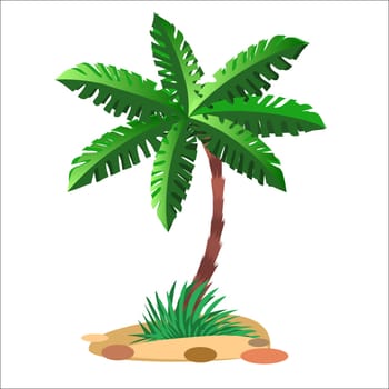 Green palm tree on a sandy soil and a neutral background