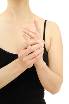 Woman in underwear applies cream on dry hands