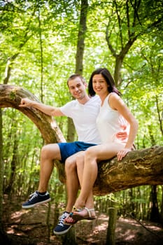 Portrait of young couple sitting together on big tree