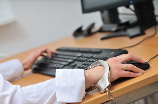 Detail of business person hand tied with handcuffs to workplace, keyboard and monitor in background.