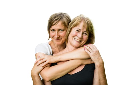 Portrait of happy senior mother with her adult daughter - isolated on white