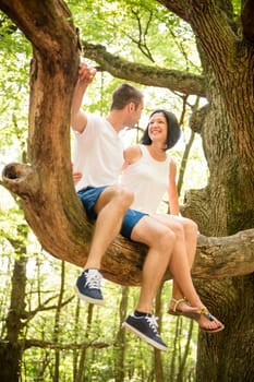 Dating in nature - young couple sitting together on big branch