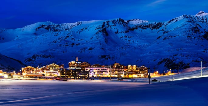 Evening landscape and ski resort in French Alps,Tignes, Tarentaise, France