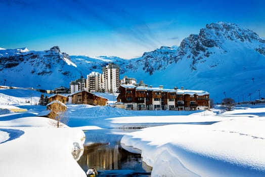 Llandscape and ski resort in French Alps,Tignes, Le Clavet, Tarentaise, France