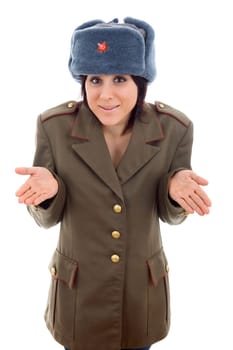young beautiful woman, dressed as russian military