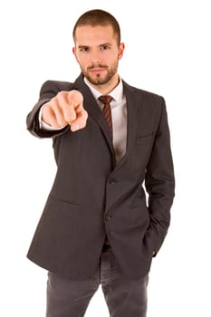 young business man pointing, isolated on white