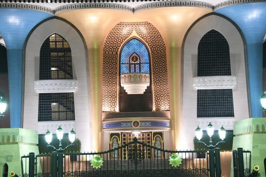 Sultan's Palace at Night in Oman Muscat Old town in Anglo-Indian style Sight Top 10 Tourism Residence of Sultan Qaboos ibn Said January 10,2020 deceased Successor Cousin Haitham ibn Tariq Muscat Palace