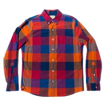 Red Blue checked button down casual shirt on white background