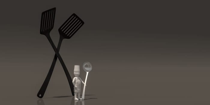 3d illustrator group of career chef symbols on a gray background, 3d rendering of the cooking. Includes a selection path.