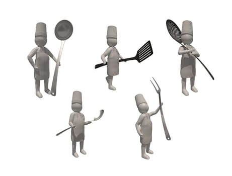 3d illustrator group of career chef symbols on a gray background, 3d rendering of the cooking. Includes a selection path.