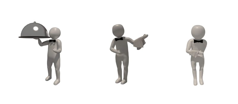 3d illustrator, 3d rendering, The Waitress symbol on a white background shows a 3D image of Waiter Delivery Food Service