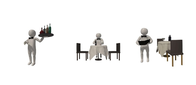 3d illustrator, 3d rendering, The Waitress symbol on a white background shows a 3D image of Waiter Delivery Food Service