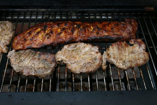 A large piece of meat and four small on a gas Grill