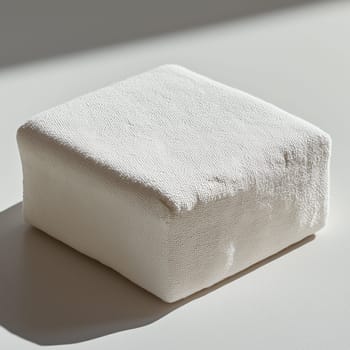 A square-shaped object wrapped in textured white fabric, placed on a smooth surface with soft shadows and natural lighting. Minimalist and abstract composition.