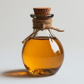 Close-up of a round glass bottle filled with golden liquid, sealed with a cork stopper and wrapped with rustic twine, placed on a neutral background.