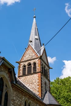 View of the tower of the Martin-Luther-Church in Staufen im Breisgau