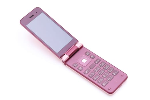 Japanese Mobile phone on white background, Garake. Japanese word of this photography "Japanese cursive characters"""