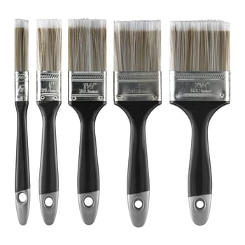 A set of five decorators paint brushes on white with clipping path